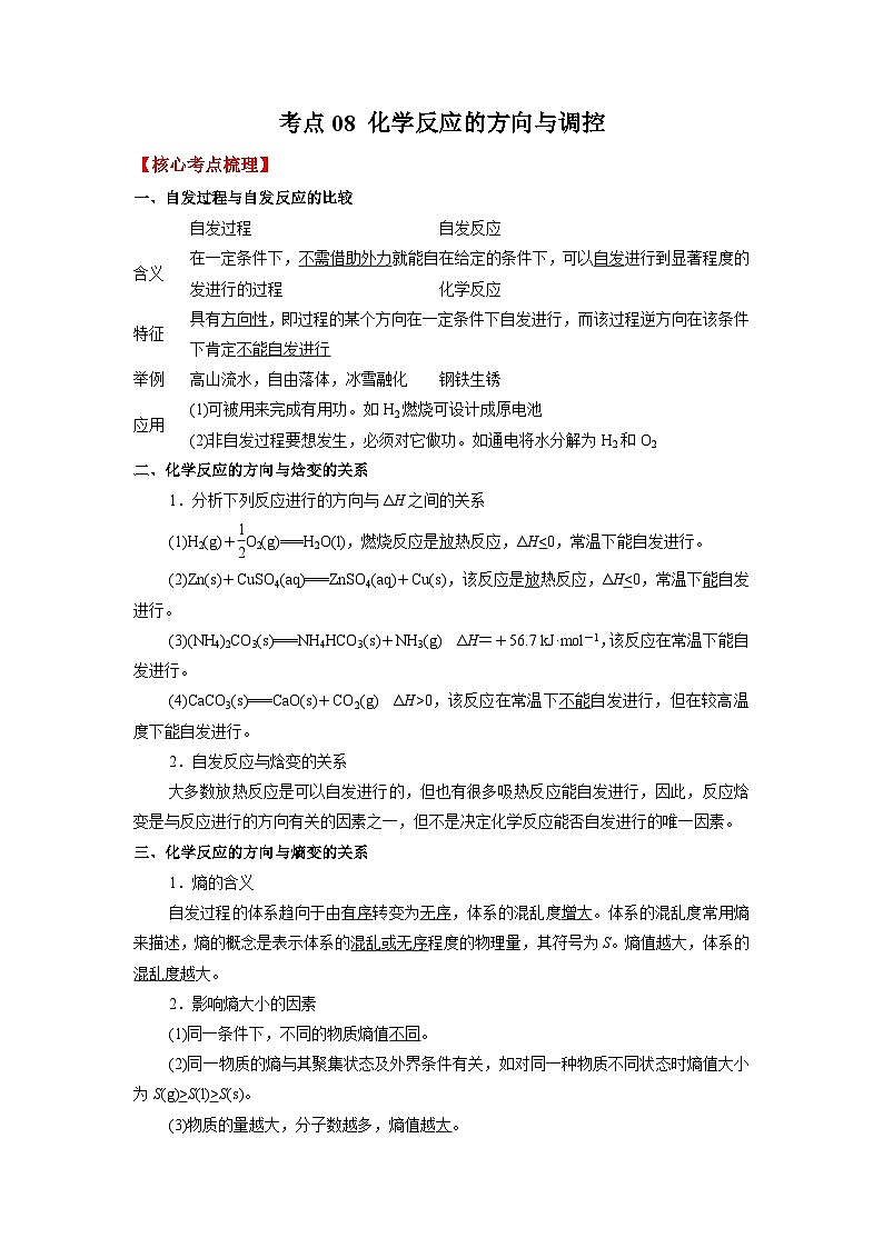 考点08 化学反应的方向与调控 --2023-2024学年高二化学核心考点归纳与分层测试（人教版2019选择性必修1）第1页