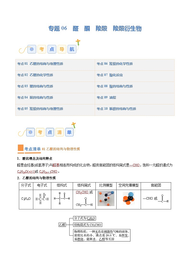 专题06 醛 酮 羧酸 羧酸衍生物（考点清单）（讲+练）-2023-2024学年高二化学下学期期中考点大串讲（人教版2019）01