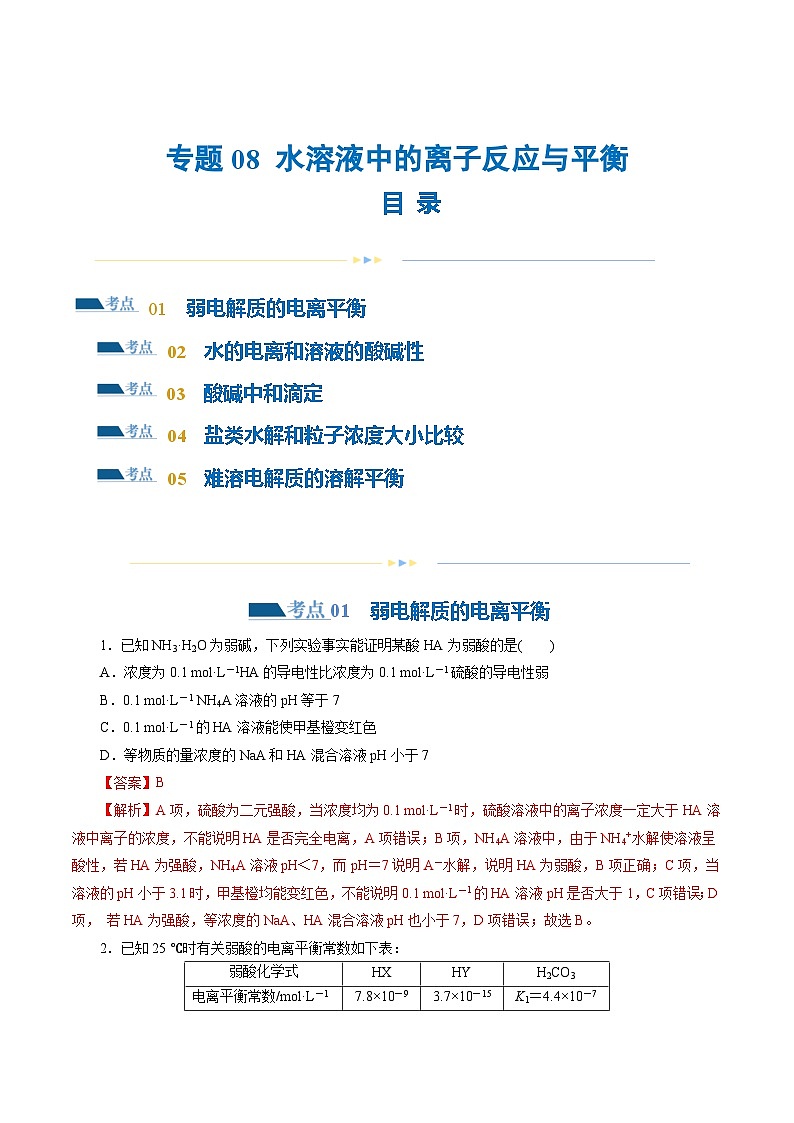 专题08 水溶液中的离子反应与平衡(练习)-2024年高考化学二轮复习讲练测（新教材新高考）01