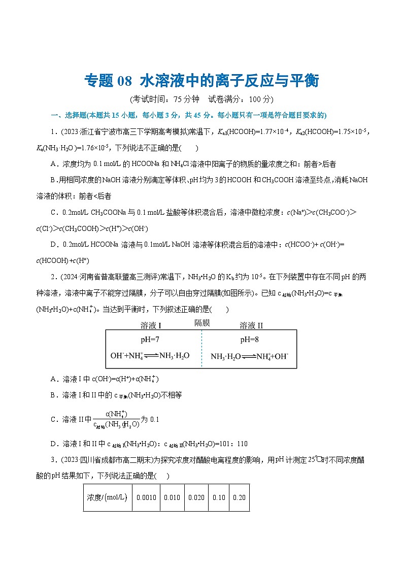 专题08 水溶液中的离子反应与平衡(测试)-2024年高考化学二轮复习讲练测（新教材新高考）(原卷版)01