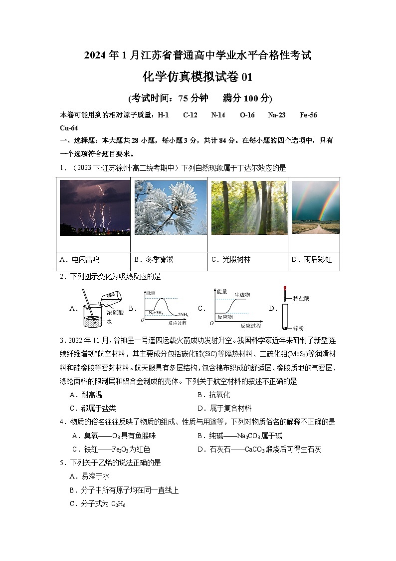 2024年1月江苏省普通高中化学学业水平合格性考试仿真模拟试卷01（原卷版）01