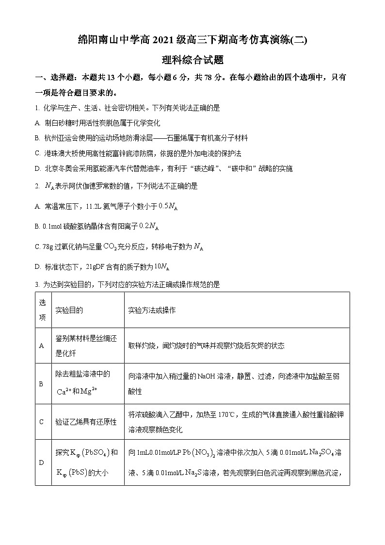 2024届四川省绵阳市涪城区南山中学高三下学期模拟预测理综试题-高中化学（原卷版+解析版）01