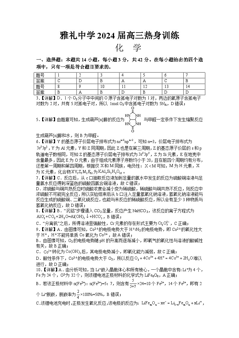湖南省雅礼中学2024届高三下学期热身训练（三模）化学试题第1页
