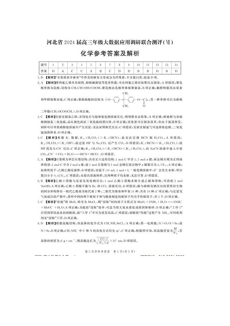 2024届河北省高三大数据应用调研联合测评化学试题答案第1页