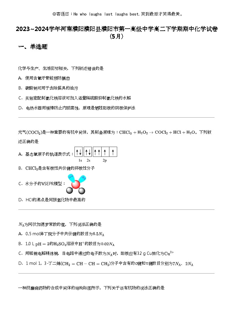 2023_2024学年河南濮阳濮阳县濮阳市第一高级中学高二下学期期中化学试卷（5月）01