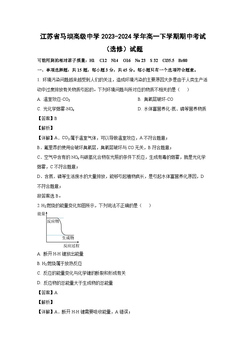化学：江苏省马坝高级中学2023-2024学年高一下学期期中考试（选修）试题（解析版）01