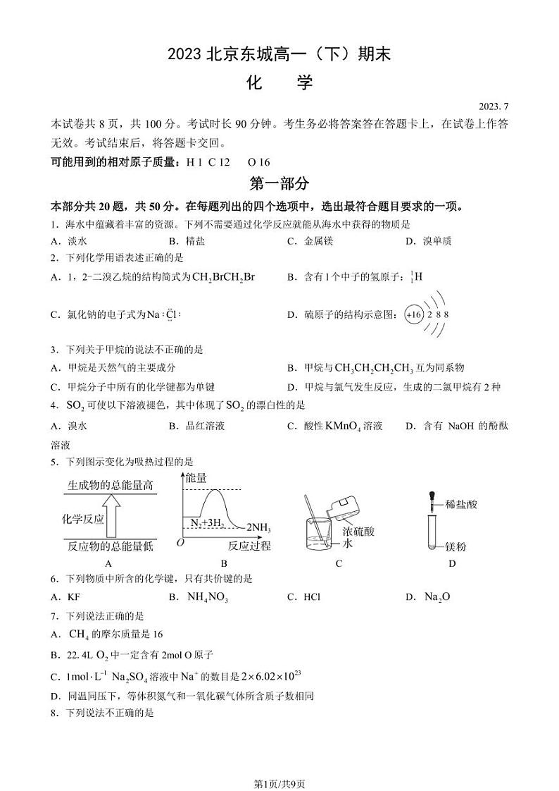2023北京东城高一（下）期末化学试卷（教师版）第1页