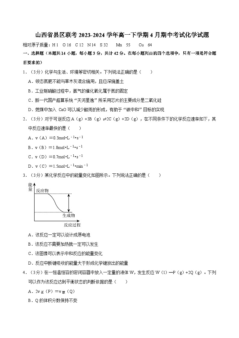 山西省县区联考2023-2024学年高一下学期4月期中考试化学试题（有解析）第1页