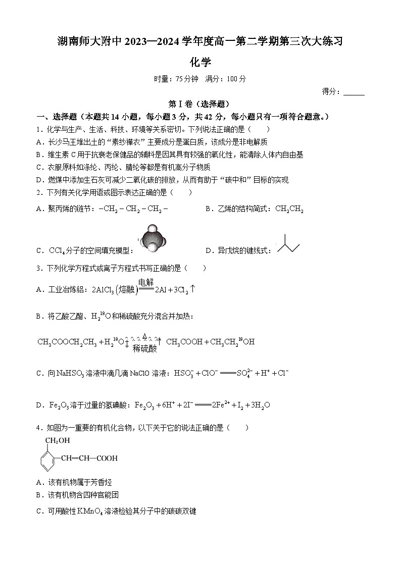 湖南省长沙市湖南师范大学附属中学2023-2024学年高一下学期第三次月考化学试卷(无答案)01