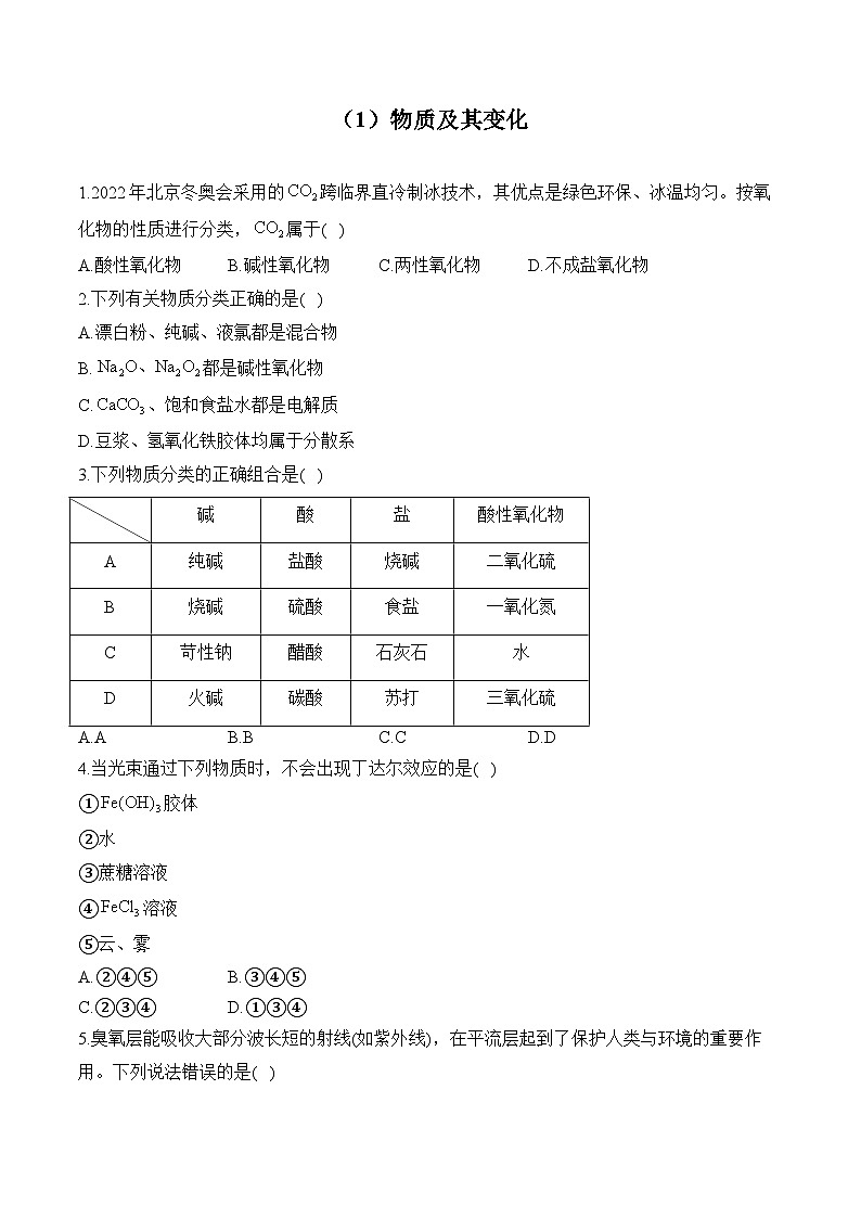 人教版高二化学暑假作业 （1）物质及其变化第1页