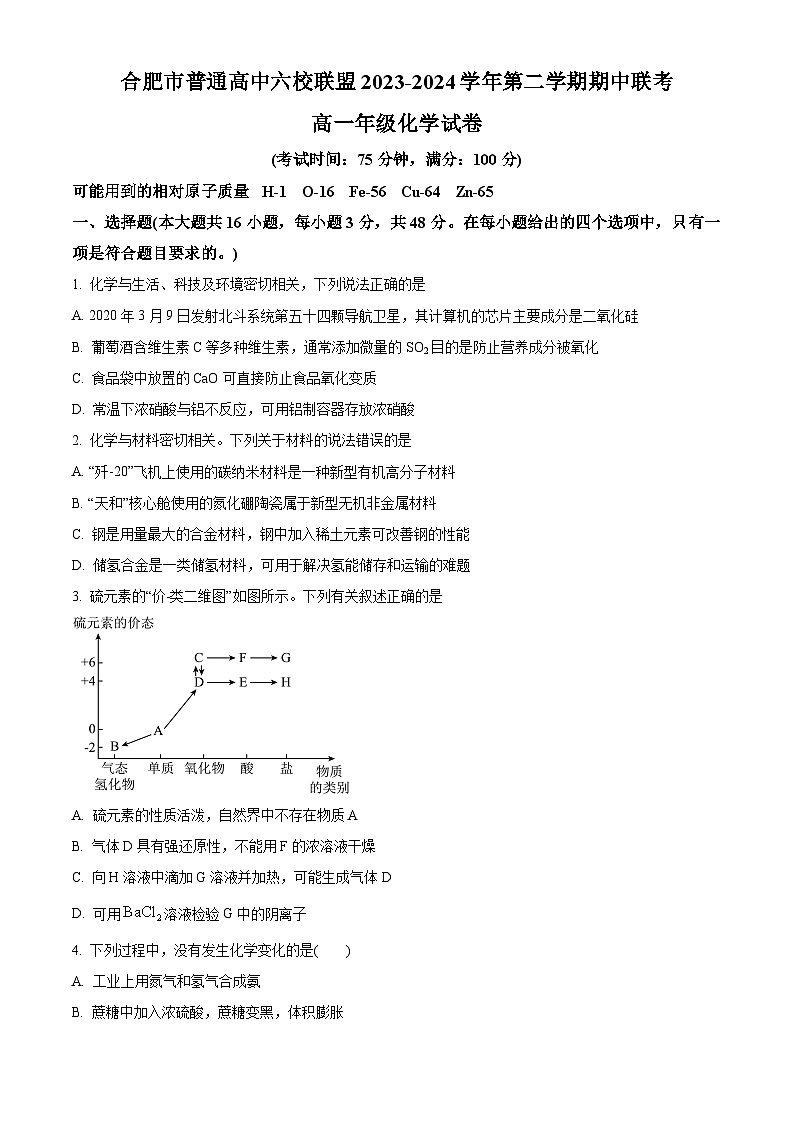 2024合肥六校联盟高一下学期4月期中考试化学含解析01