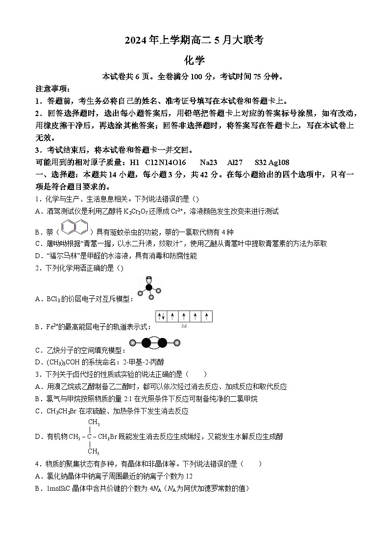 湖南省岳阳市第一中学等多校2023-2024学年高二下学期5月月考化学试题（Word版附解析）第1页