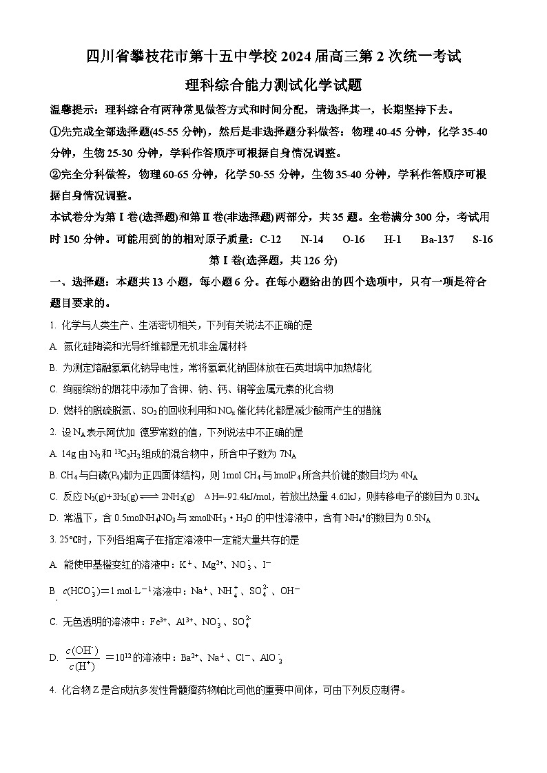 2024届攀枝花市第十五中学校高三上学期第2次统一考试理科综合试卷-高中化学 Word版无答案第1页