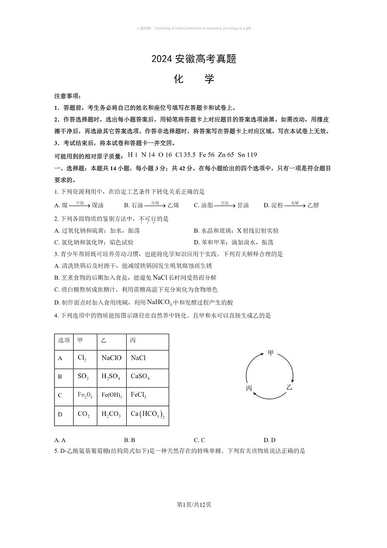 【化学】2024安徽高考真题化学试卷及答案第1页