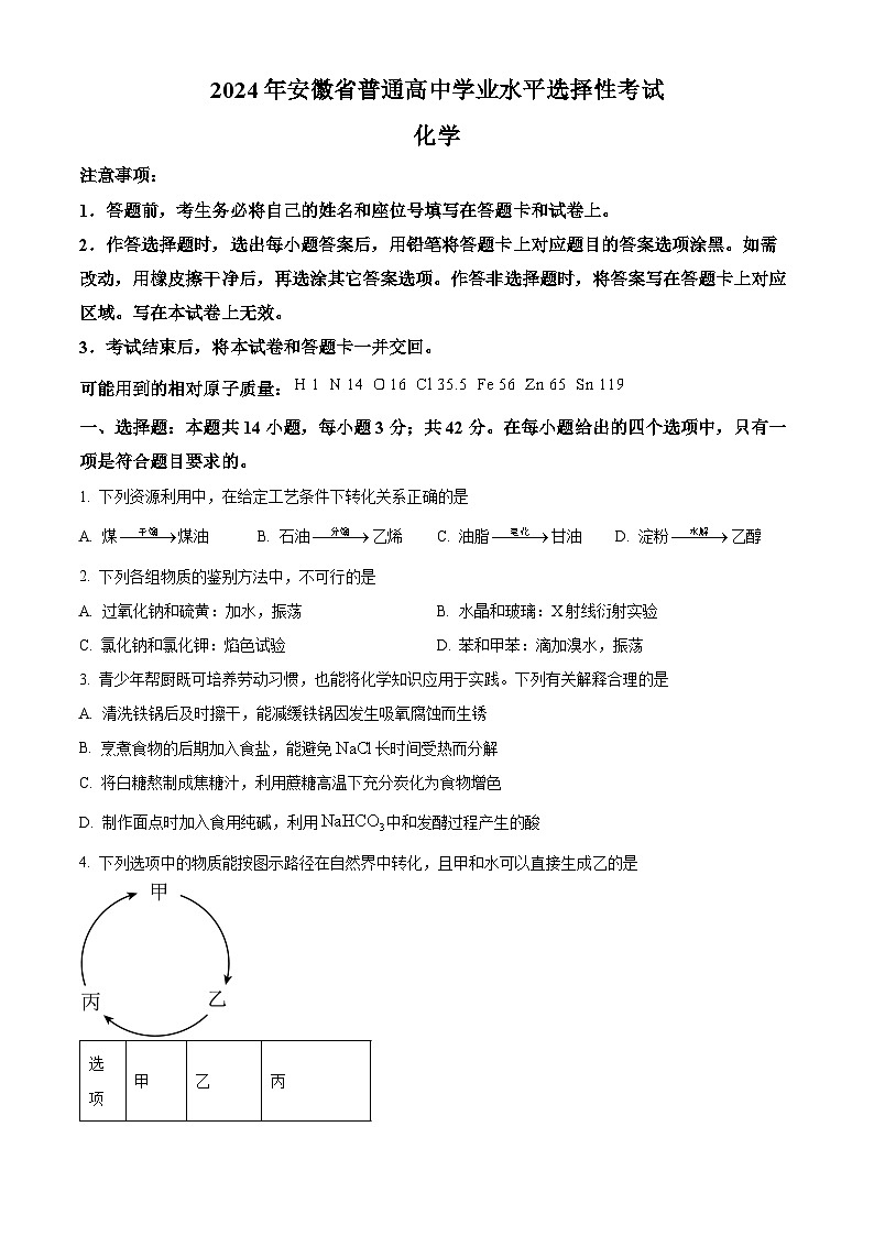 2024年高考真题：安徽省高考化学试卷（原卷版）01