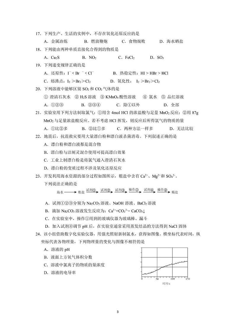 上海市高桥中学2023-2024学年高一上学期（等级）期末检测化学试题03