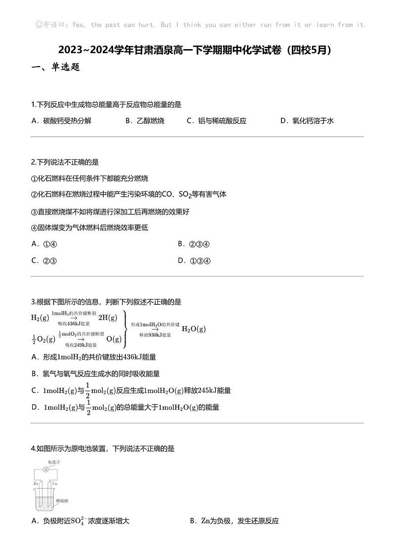 [化学]2023_2024化学年甘肃酒泉高一下学期期中化学试卷（四校5月）01