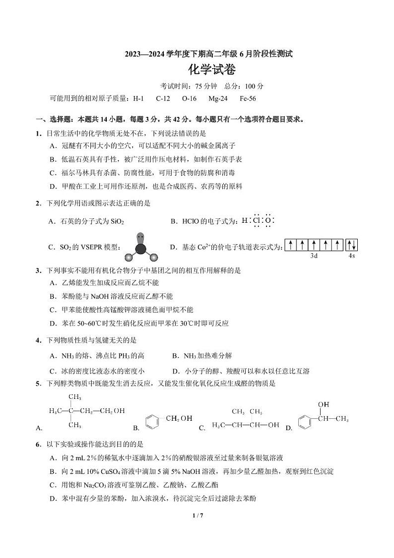四川省成都市第七中学2023-2024学年高二下学期6月月考化学试题01