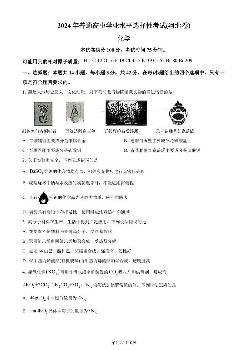 2024年新高考河北卷化学高考真题解析（参考版）01