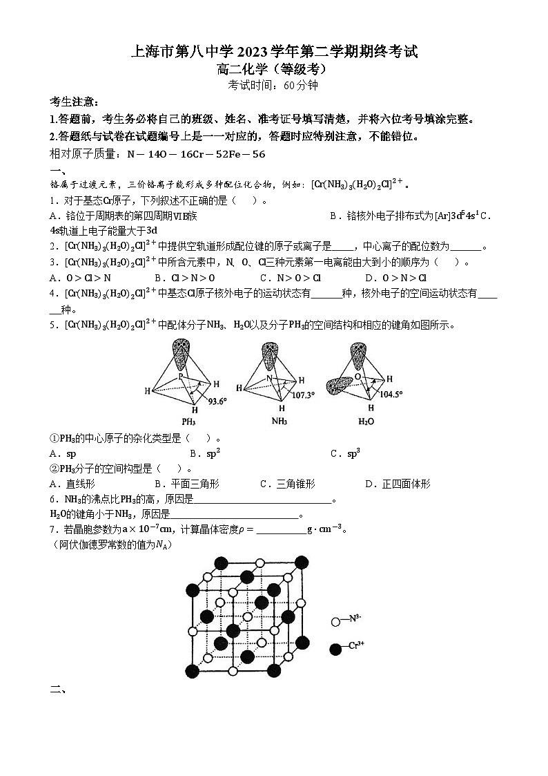 上海市第八中学2023-2024学年高二下学期期末考试 化学（等级）试题(无答案)第1页