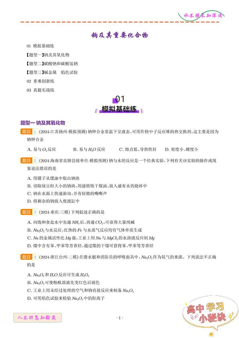 2025年高考化学一轮复习 钠及其重要化合物（练习）（原卷版+解析版）第1页