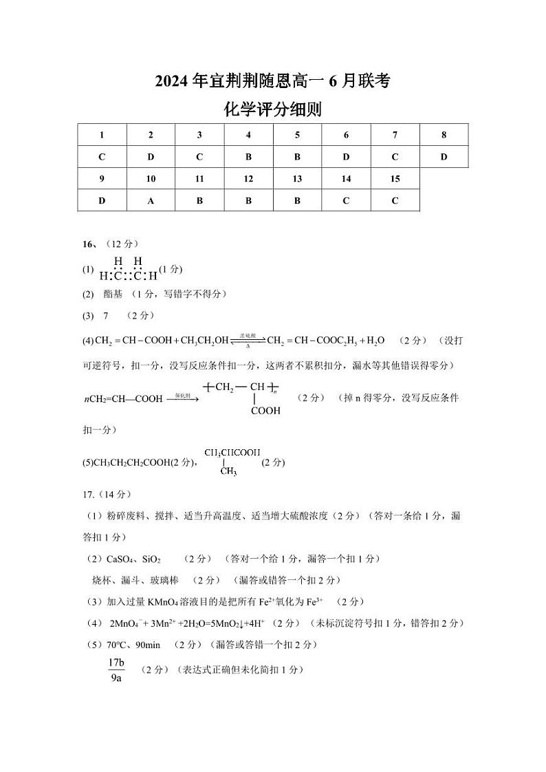 湖北省宜荆荆随恩2024年高一下学期6月联考化学试卷+答案01