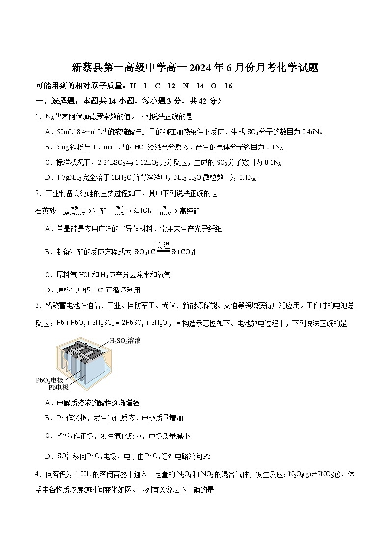 新蔡县第一高级中学2023-2024学年高一下学期6月月考化学试卷（含解析）第1页