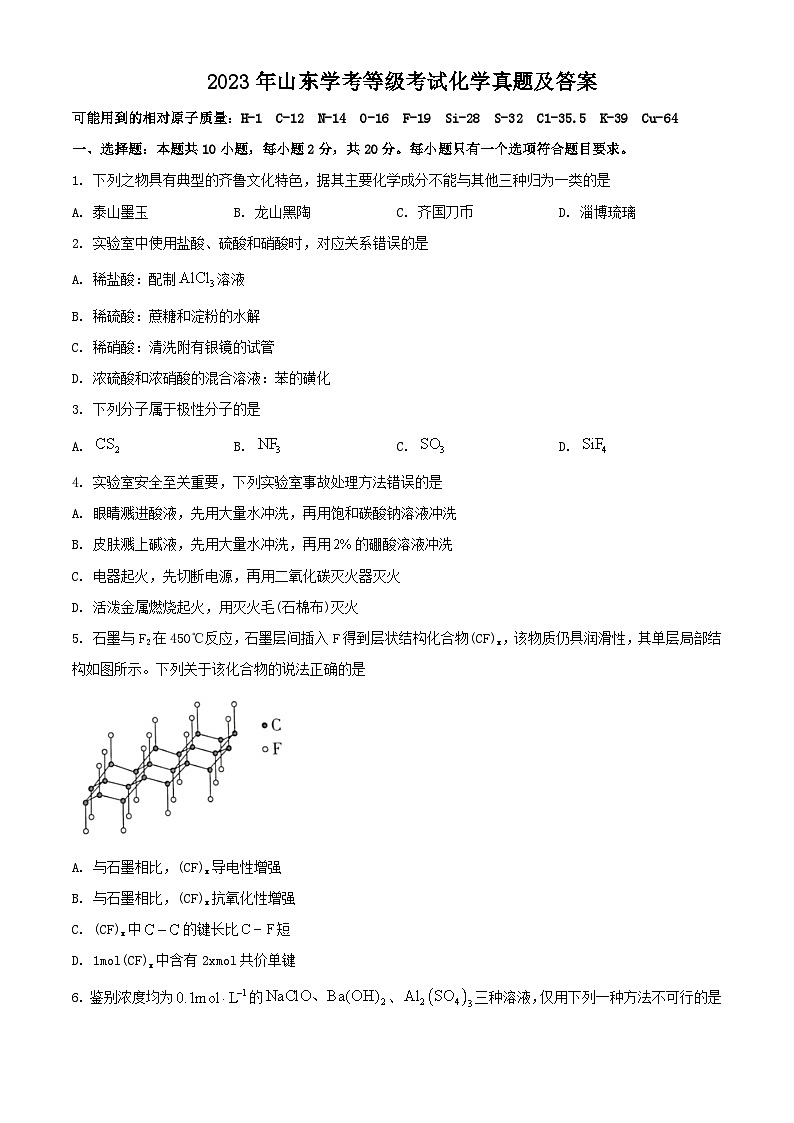 2023年山东高中学业水平学考等级考试化学真题及答案01