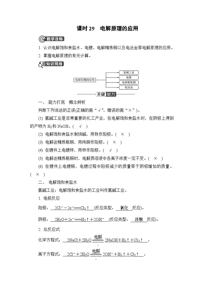 第四章　化学反应与电能  第二节　电解池　课时29　电解原理的应用  学案第1页