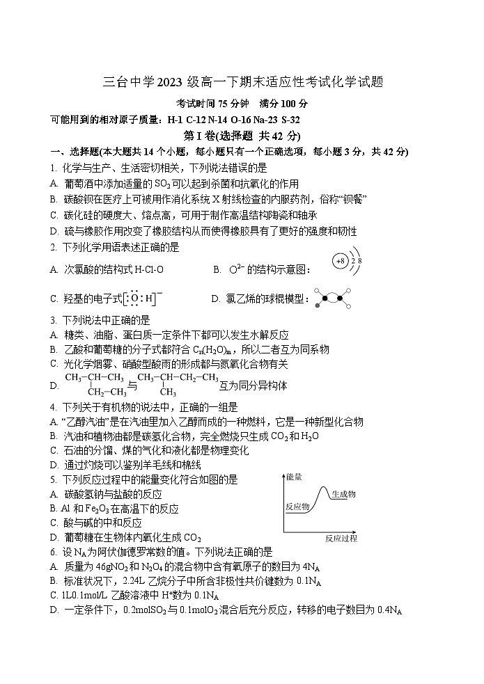 四川省绵阳市三台中学校2023-2024学年高一下学期期末适应性考试化学试题01