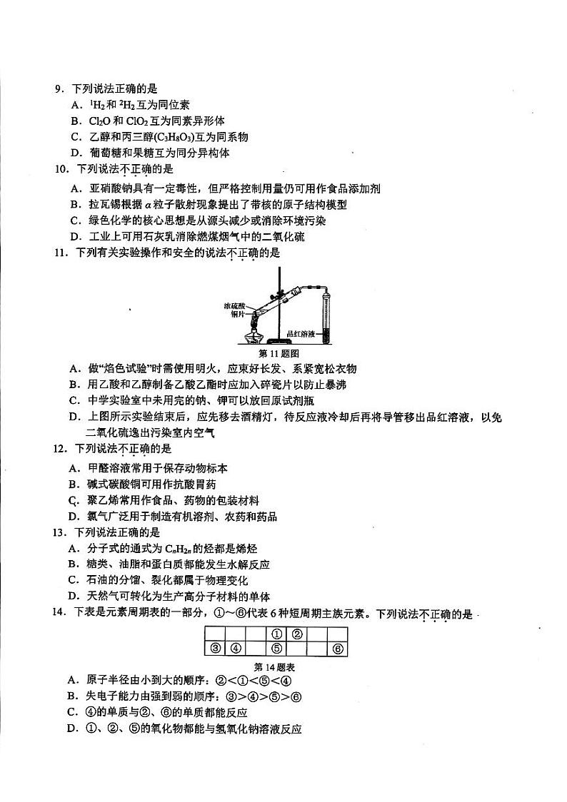 浙江学考适应模拟2024年高一下学期6月期末考试化学试题+答案第2页