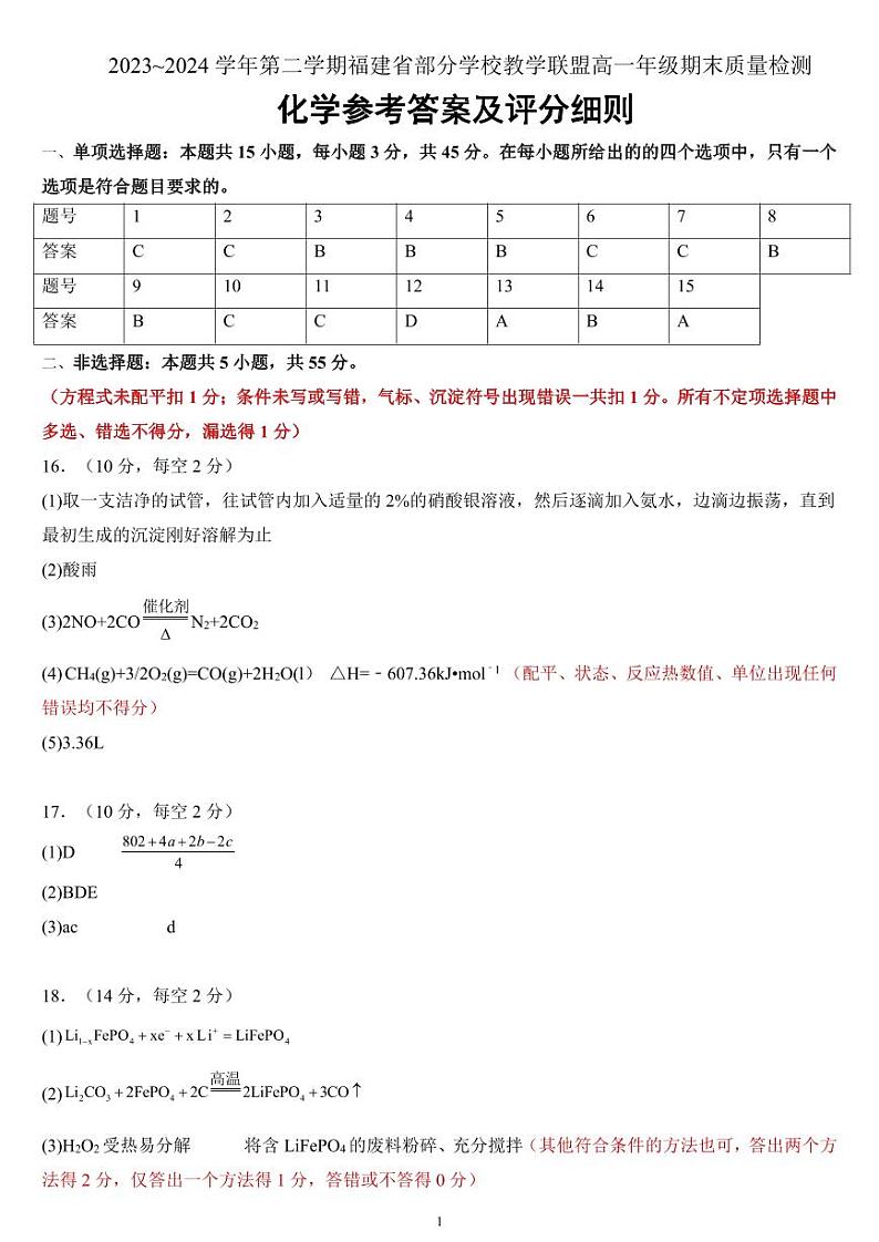福建部分学校教学联盟2024年高一下学期期末质检化学试题参考答案第1页