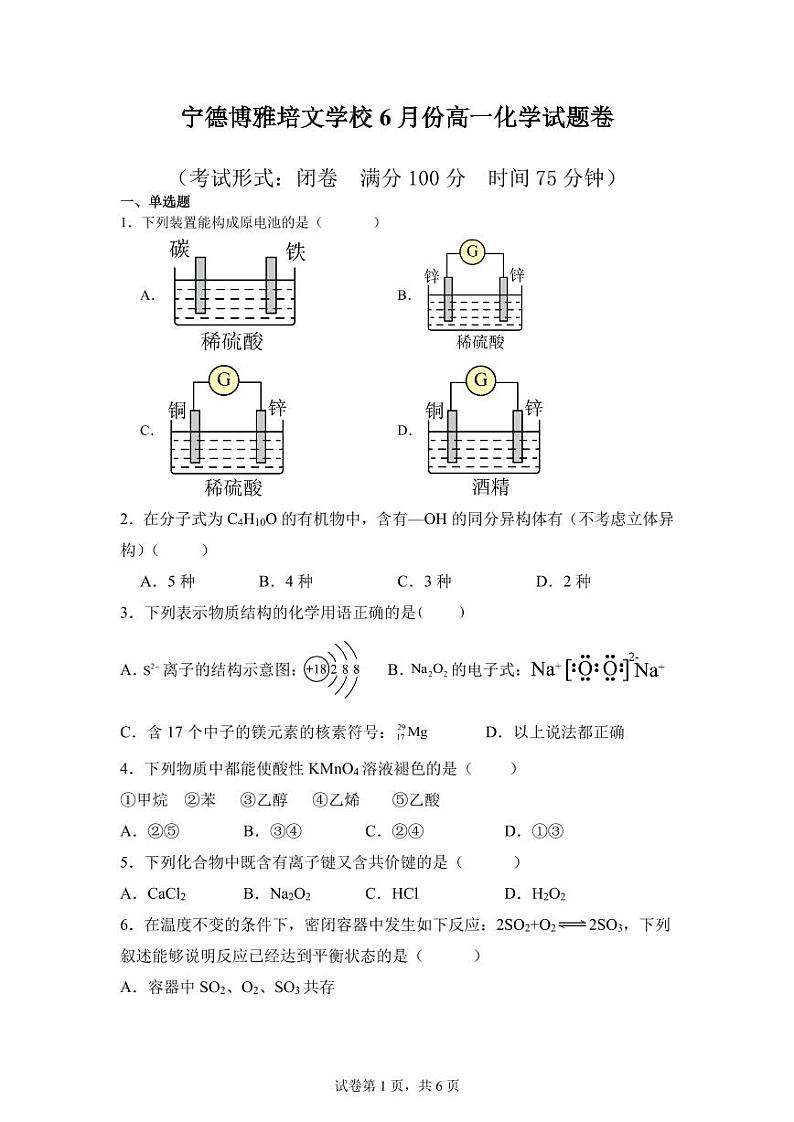 福建省宁德市博雅培文学校2023-2024学年高一下学期6月月考化学试题01
