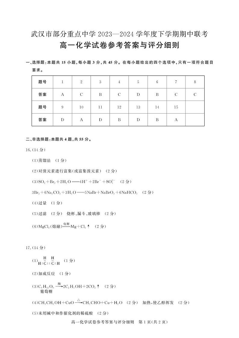 湖北省武汉市部分重点中学联考2023-2024学年高一下学期6月期末考试化学试题01