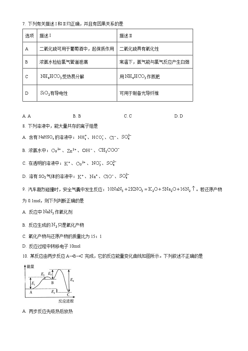 浙江省杭州地区（含周边）重点中学2023-2024学年高一下学期4月期中联考化学试题（Word版附解析）03