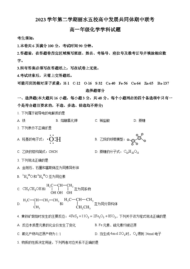浙江省丽水市五校高中发展共同体2023-2024学年高一下学期5月期中联考化学试题（Word版附解析）01
