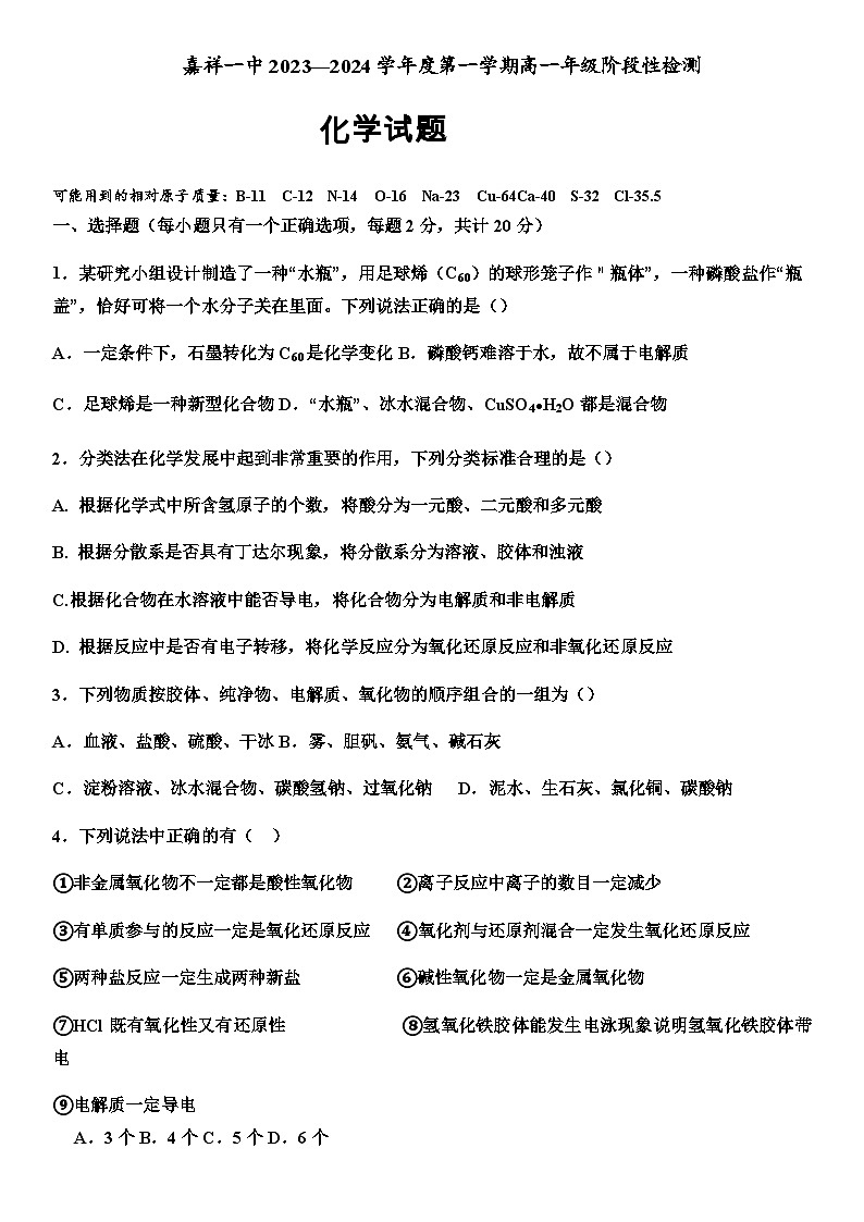 山东省嘉祥县第一中学2023-2024学年高一上学期10月月考化学试题含答案第1页