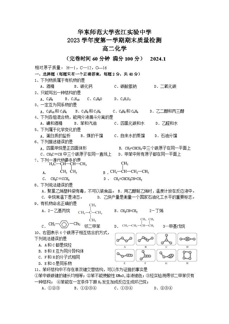 上海市华东师范大学张江实验中学2023-2024学年高二上学期期末质量检测化学试题第1页
