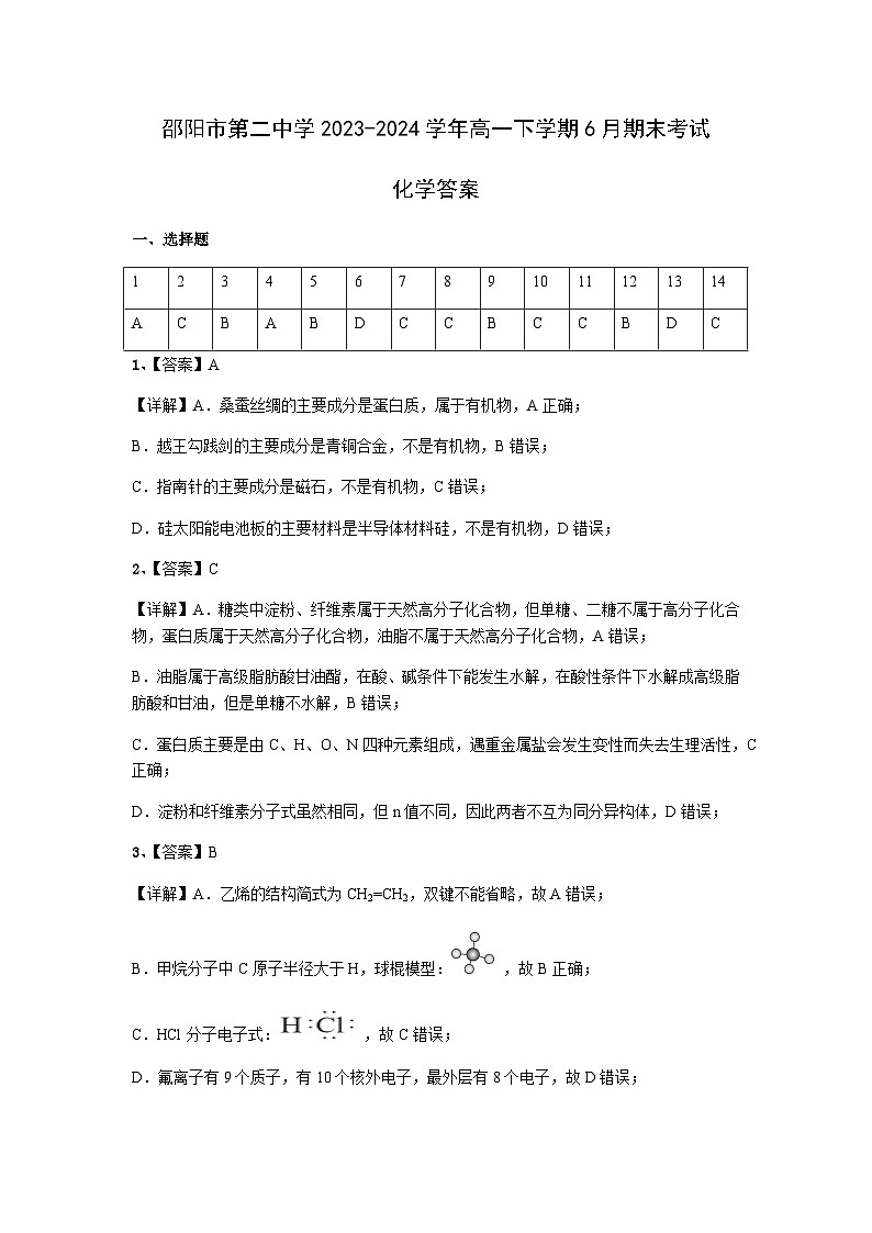 湖南省邵阳市第二中学2023-2024学年高一下学期6月期末考试化学试题（含答案）01