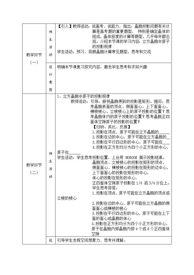 人教版2019选择性必修2  第三章 晶体结构与性质《晶胞中原子的投影及应用》教学设计02
