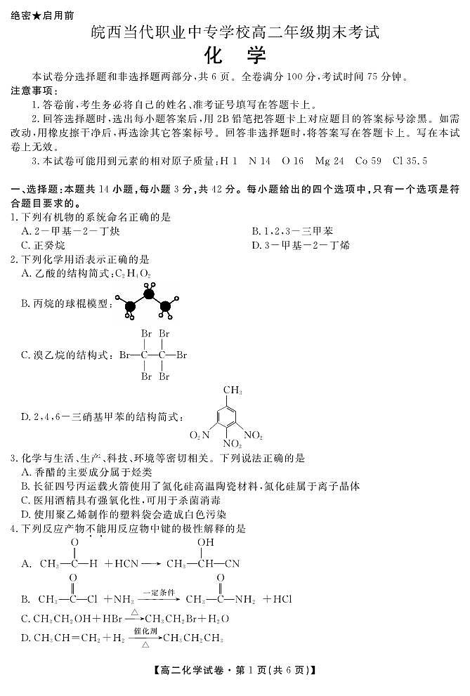 安徽省六安市皖西当代职业中专学校2023-2024学年高二下学期期末考试化学试题（PDF版含答案）01