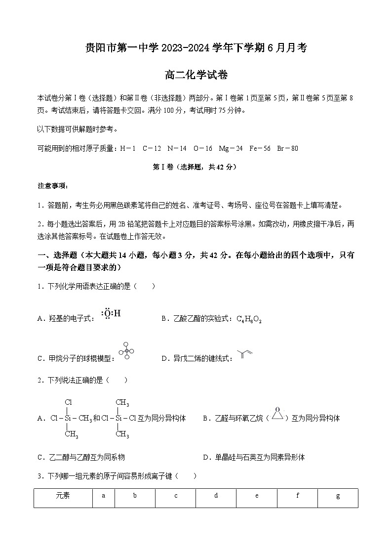 贵州省贵阳市第一中学2023-2024学年高二下学期6月月考试题 化学 Word版含解析第1页