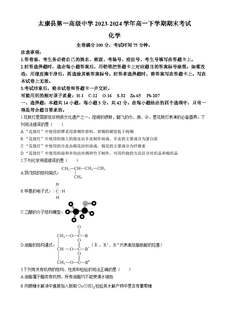 河南省周口市太康县第一高级中学2023-2024学年高一下学期期末考试化学试题（含解析）01