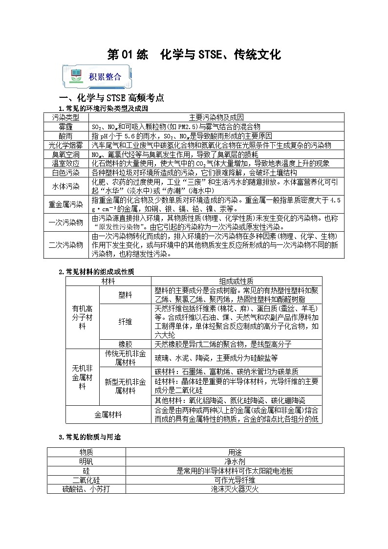 【暑假衔接】高中化学新高三（高二升高三）暑假自学 第01讲 化学与STSE、传统文化（教师版+学生版）讲义01