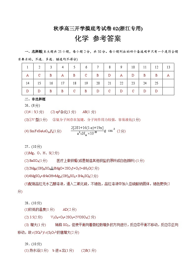秋季高三开学摸底考化学试卷02（浙江专用）（参考答案）第1页