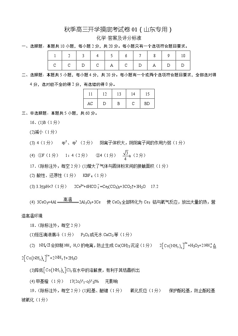 化学-秋季高三开学摸底考试卷（山东专用）0101