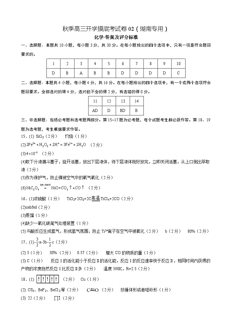 化学-秋季高三开学摸底考试卷（湖南专用）0201