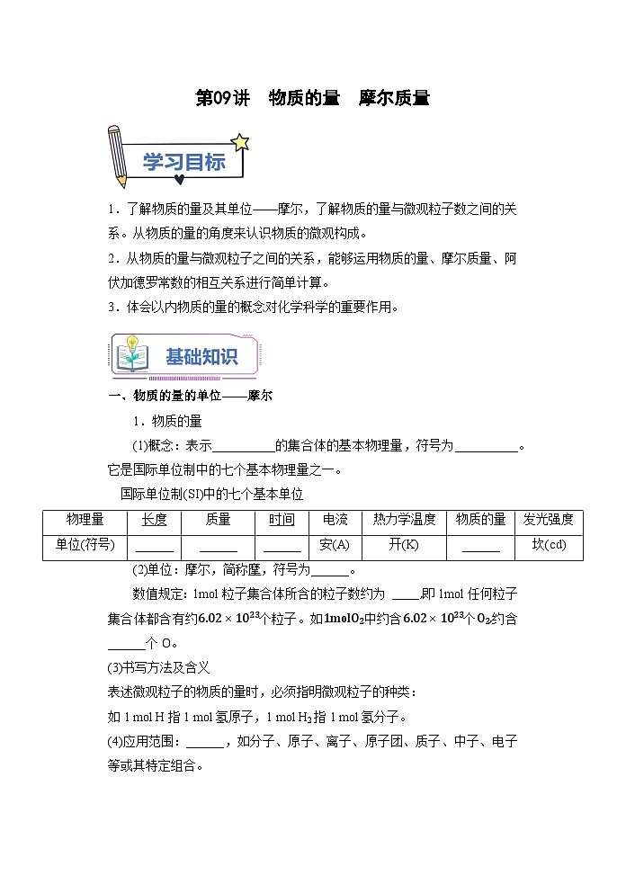 （人教版）新高一化学暑假衔接第09讲 物质的量  摩尔质量（学生版+教师版）讲义01