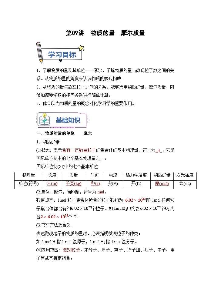 （人教版）新高一化学暑假衔接第09讲 物质的量  摩尔质量（学生版+教师版）讲义01