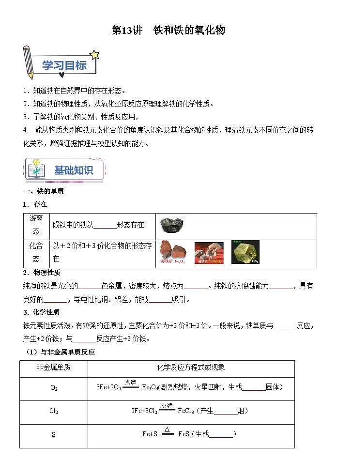 （人教版）新高一化学暑假衔接第13讲 铁和铁的氧化物【学生版】 第1页